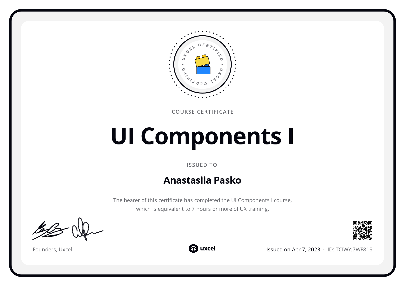 Anastasiia Pasko's certificate